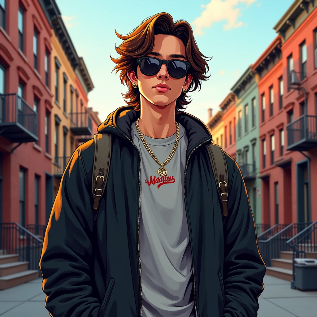  A stylized illustration, with framing from the waist up, This type of art will be based on cartoon and manga fundamentals.. A man who looks like Tom Holland in a Nike shirt, trap singer style and behind a blookyn neighborhood, with headphones and a black jacket, wearing Gucci sunglasses, medium hair. with a backpack on your back 