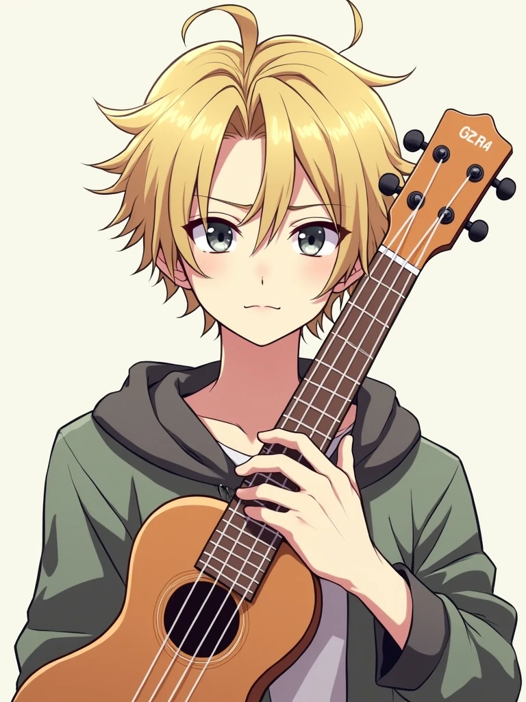 Anime guy with blond hair pulled into a messy man-bun, grey eyes, pale skin, and a small smirk, holding up a ukulele