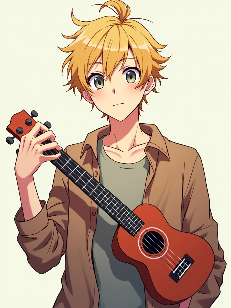 Anime guy with blond hair pulled into a messy man-bun, grey eyes, pale skin, and a small smirk, holding up a ukulele