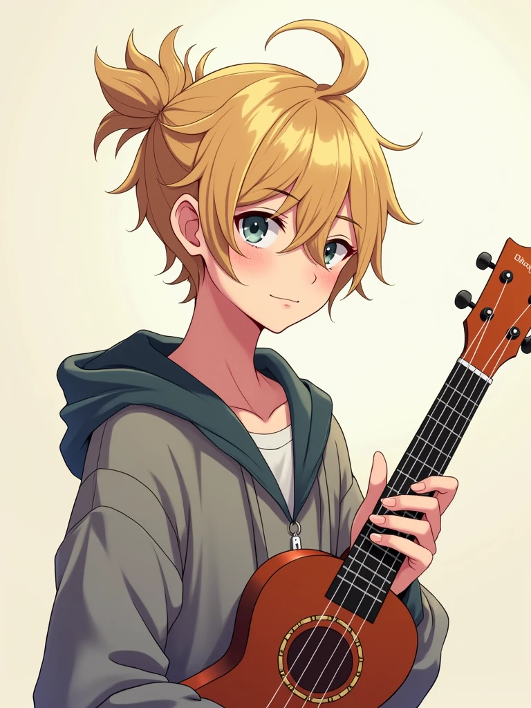 Anime guy with blond hair pulled into a messy man-bun, grey eyes, pale skin, and a small smirk, holding up a ukulele