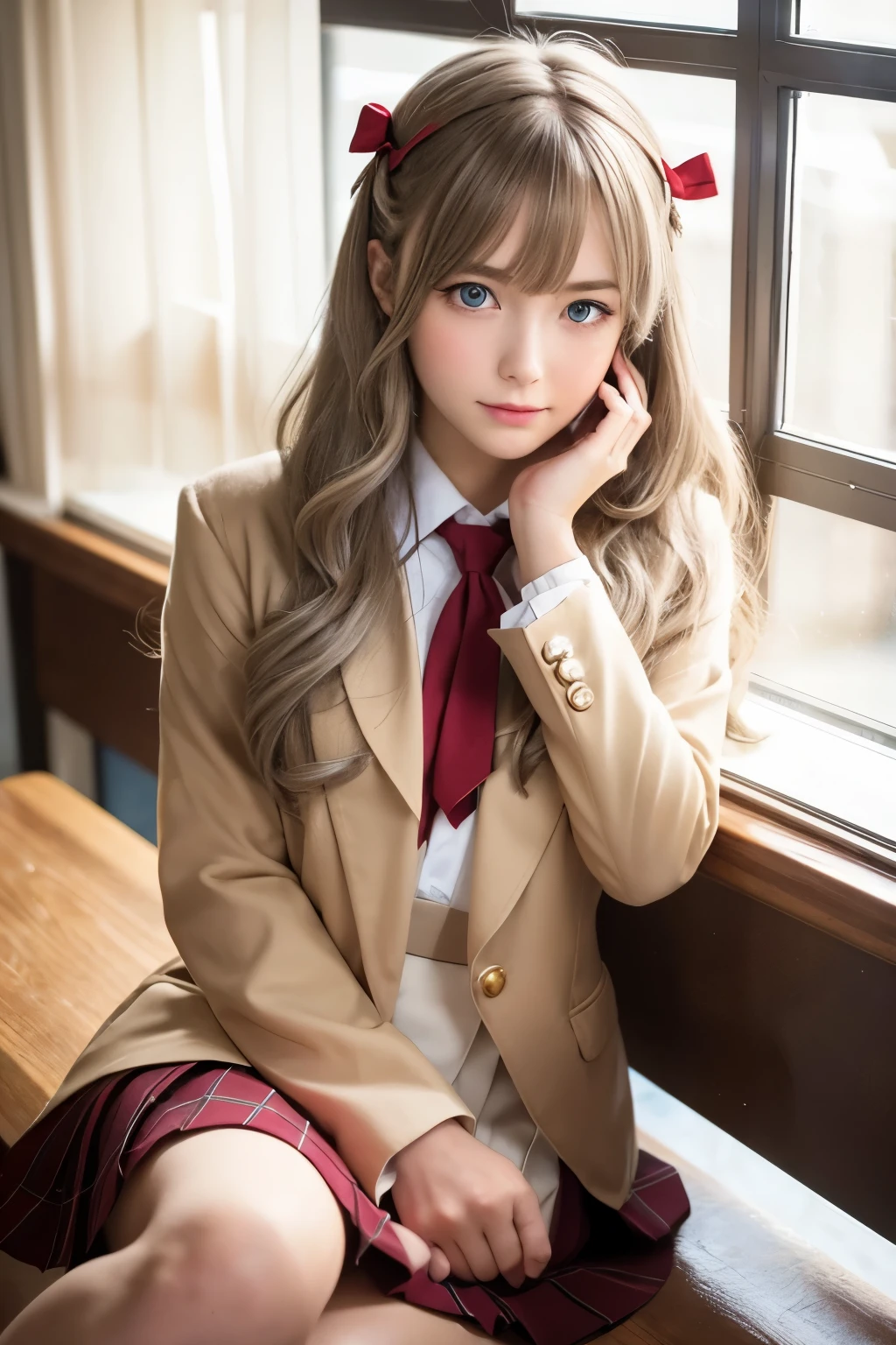 “A beautiful anime-style high school girl with long, silver hair and bright blue eyes, sitting in a classroom by the window. She has a gentle, slightly surprised expression, with her hand touching her cheek. The girl’s hair is styled in soft waves, with a small red ribbon tied in her hair. She is wearing a traditional Japanese school uniform consisting of a light beige blazer with gold accents, a white shirt, a red ribbon tie, and a black pleated skirt. The classroom is softly lit by sunlight streaming through the window, creating a warm and serene atmosphere.”

