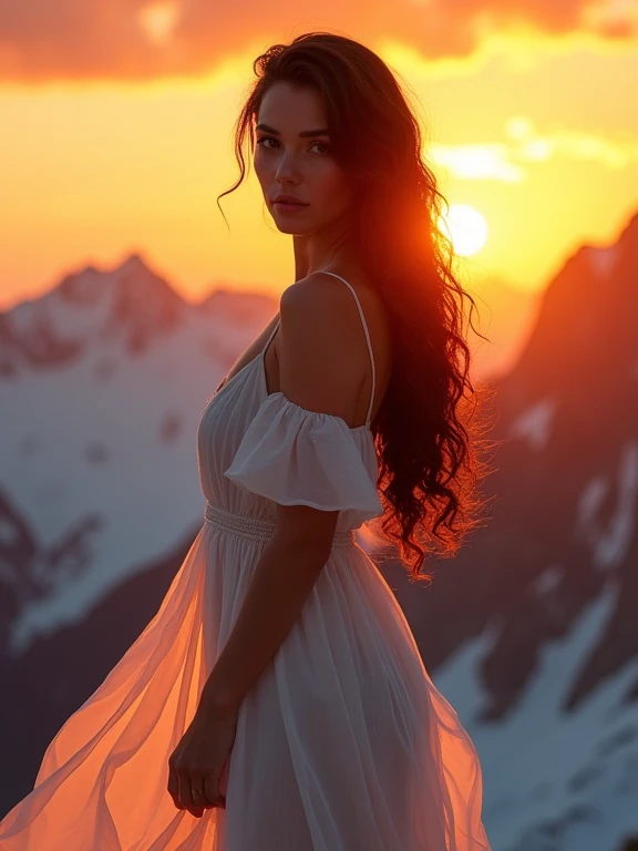 gorgeous brunette wife (Body measurements 90 60 120) stands on the mountain and wears a flowing dress. sunrise. looks into the camera. close up shot