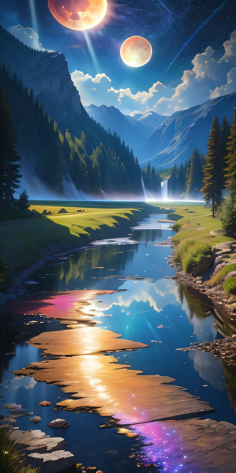 Masterpiece, 8k wallpapers, extremely detailed, best quality, high quality, landscapes. ((Colorful sky)), clouds, (((Full moon, nebula and background stars))), (high mountains), Panorama, , Detail enhancement, Detail enhancement, Flawless. Award-winning photography, Depth of field, HDR, Photorealism, Highly detailed, Intricate, High detail, Dramatic, ((color image)), ((single image)), night, realistic, ((vivid colors)), ((light rays, rays)), mini river, image reflecting in water,