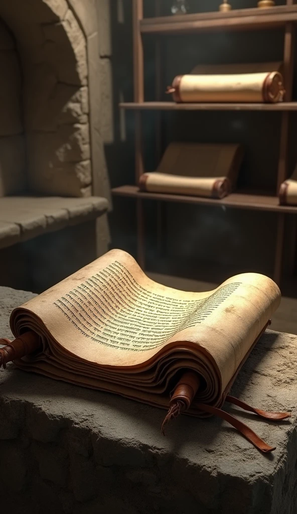 Create an image of a historic and rustic environment. At the center, place a sturdy stone bench, with old appearance and worn texture. Behind the bench, add a dark wood shelf, loaded with ancient Jewish scrolls, referring to the time of the Bible. The scrolls must be rolled up and tied with leather ribbons., displaying visible Hebrew characters. The environment should have soft lighting that highlights the texture of the parchments and the stone bench., creating a scenario with a historical and respectful atmosphere.