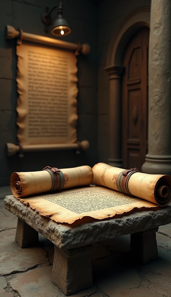 Create an image of a historic and rustic environment. At the center, place a sturdy stone bench, with old appearance and worn texture. Behind the bench, add a dark wood shelf, loaded with ancient Jewish scrolls, referring to the time of the Bible. The scrolls must be rolled up and tied with leather ribbons., displaying visible Hebrew characters. The environment should have soft lighting that highlights the texture of the parchments and the stone bench., creating a scenario with a historical and respectful atmosphere.
