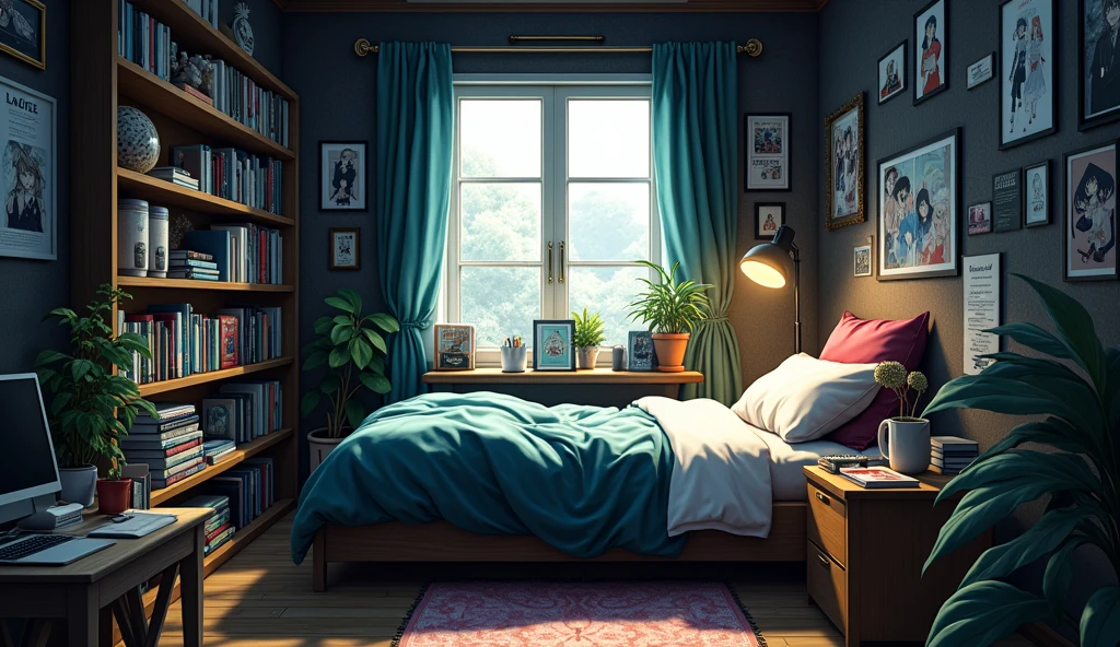 a bedroom of a nerdy anime girl, on the style of the "Deathnote" anime series, no character, anime style