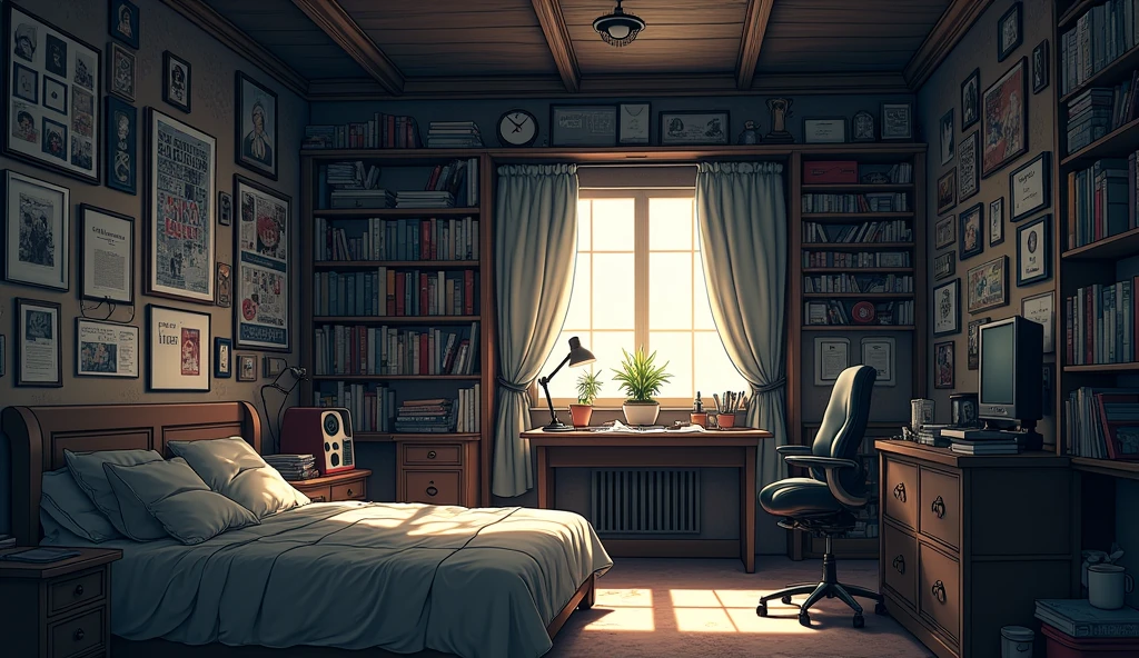 a bedroom of a nerdy anime girl, on the style of the "Deathnote" anime series, no character, anime style