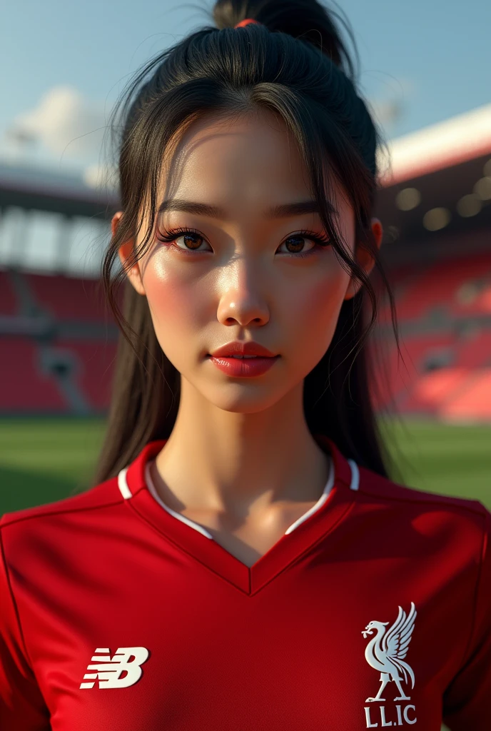a good looking Thai woman,Liverpool FC jersey,Anfield stadium,beautiful face,beautiful detailed eyes,beautiful detailed lips,extremely detailed eyes and face,longeyelashes,photorealistic,masterpiece,8k,hyperrealistic,highly detailed,ultra realistic,cinematic lighting,dramatic lighting,vibrant colors,realistic skin texture,studio lighting,physically-based rendering,professional photography detailed face, masterpiece, Ultra detailed and realistic 8k