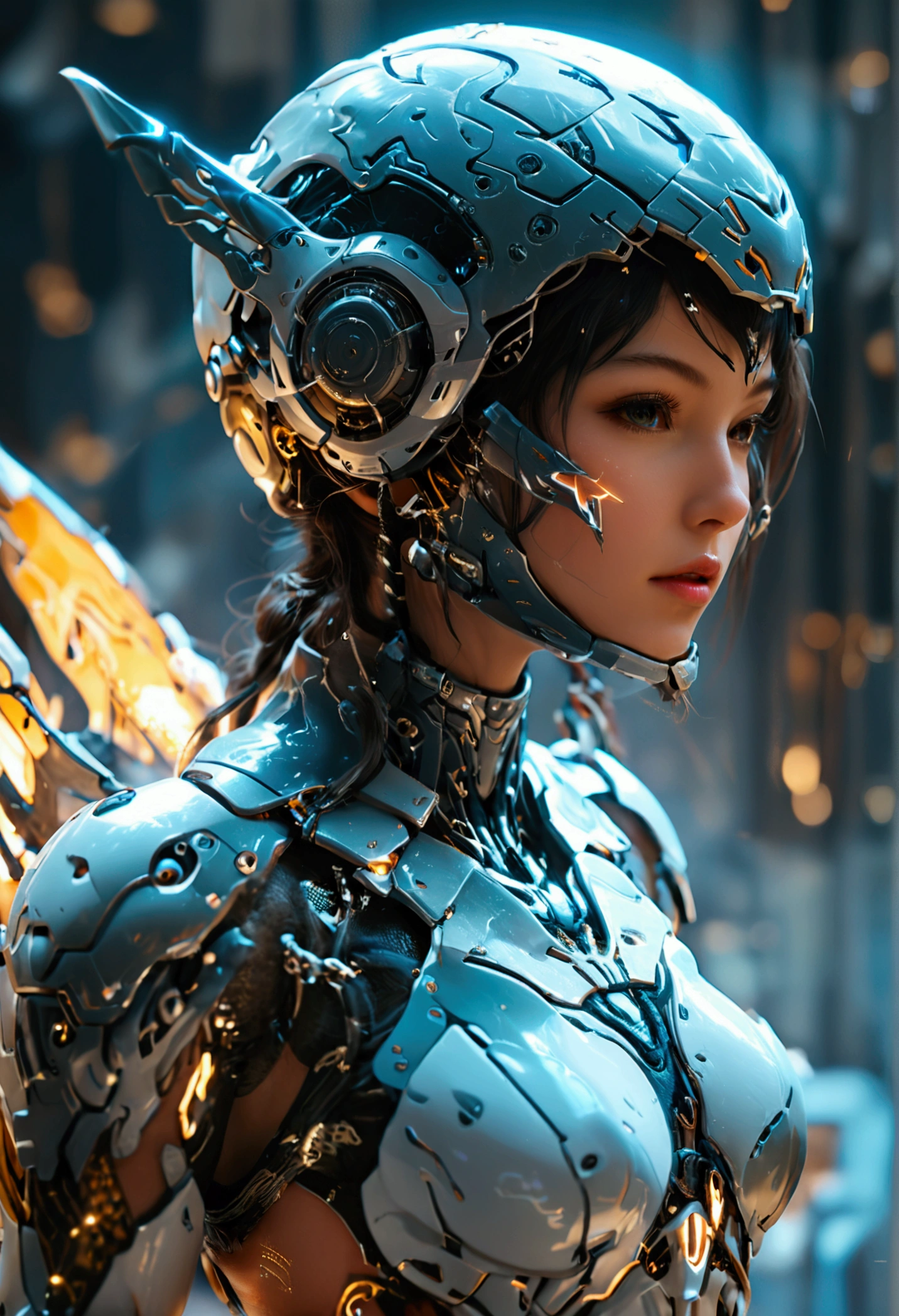 a close up of a person in a costume flying through the air, unreal engine render + a goddess, of a beautiful female warframe, mechanized valkyrie girl, porcelain cyborg armor, with futuristic gear and helmet, futuristic clothing and helmet, wearing techwear and armor, girl in mecha cyber armor, gynoid cyborg body, akihiko yoshida. unreal engine