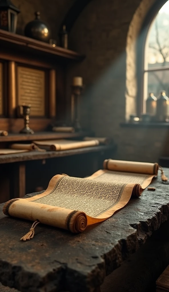 Create an image of a historic and rustic environment. At the center, place a sturdy stone bench, with old appearance and worn texture. Behind the bench, add a dark wood shelf, loaded with ancient Jewish scrolls, referring to the time of the Bible. The scrolls must be rolled up and tied with leather ribbons., displaying visible Hebrew characters. The environment should have soft lighting that highlights the texture of the parchments and the stone bench., creating a scenario with a historical and respectful atmosphere.