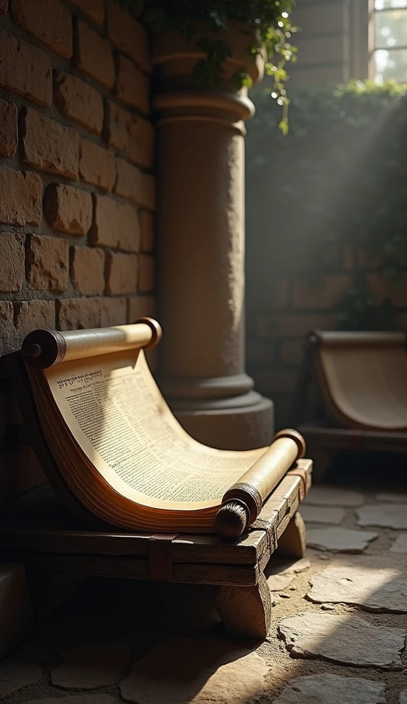 Create an image of a historic and rustic environment. At the center, place a sturdy stone bench, with old appearance and worn texture. Behind the bench, add a dark wood shelf, loaded with ancient Jewish scrolls, referring to the time of the Bible. The scrolls must be rolled up and tied with leather ribbons., displaying visible Hebrew characters. The environment should have soft lighting that highlights the texture of the parchments and the stone bench., creating a scenario with a historical and respectful atmosphere.
