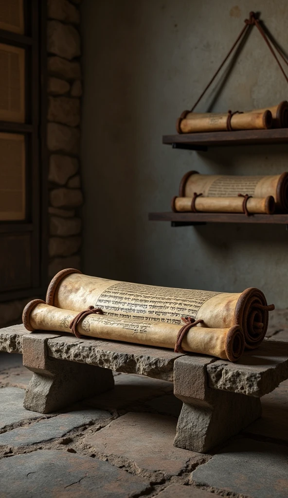 Create an image of a historic and rustic environment. At the center, place a sturdy stone bench, with old appearance and worn texture. Behind the bench, add a dark wood shelf, loaded with ancient Jewish scrolls, referring to the time of the Bible. The scrolls must be rolled up and tied with leather ribbons., displaying visible Hebrew characters. The environment should have soft lighting that highlights the texture of the parchments and the stone bench., creating a scenario with a historical and respectful atmosphere.