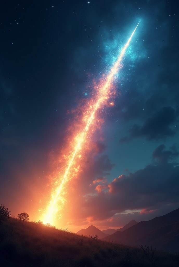 create a breathtaking spiritual cinematic scene with a meteor flying through the night sky. Capture the awe-inspiring moment as it illuminates the darkness and evokes a sense of wonder and mystery. Use colors, Composition, and lighting to transport viewers to this celestial spectacle
