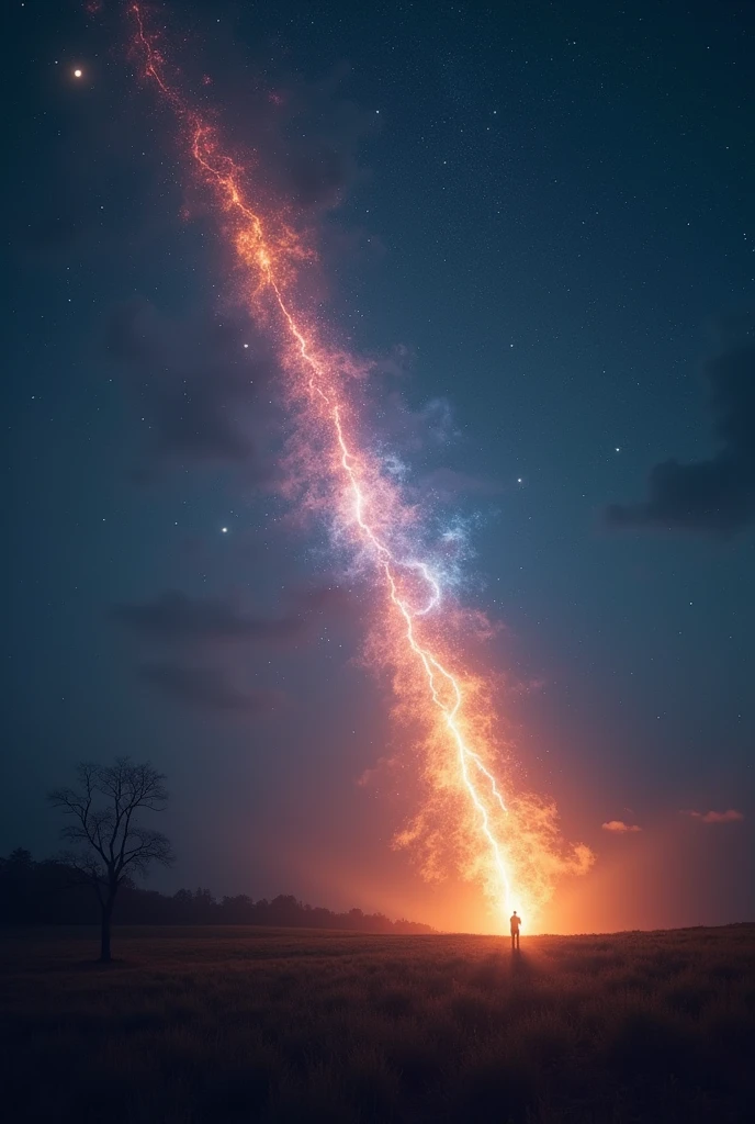 create a breathtaking spiritual cinematic scene with a meteor flying through the night sky. Capture the awe-inspiring moment as it illuminates the darkness and evokes a sense of wonder and mystery. Use colors, Composition, and lighting to transport viewers to this celestial spectacle