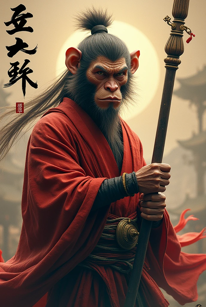 

"A cinematic hyperrealistic posterized version of sun wukong, the Monkey King from Chinese culture, in the style of a Midjourney XXXXXX. The image shows a half-body portrait from belly up to above the head, with a front-facing 180-degree angle. sun wukong is depicted holding his iconic stick weapon, rendered with intricate detail. The image is characterized by XXXX texture and a subtle XXXX, with complex shading, color tones, and subtle lighting. The anatomy and figurative details are highly realistic, following a professional-grade digital art style. &#39;Sun Wukong&#39; (sun wukong) is creatively designed as a headline in Chinese characters, enhancing the poster's cultural and cinematic authenticity."