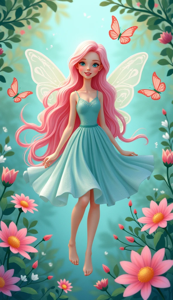Beautiful paper cut of a fairy in full length, with pink hair and pale skin, light blue eyes, and a pastel dress, surrounded by butterflies and flowers., in the style of Pixar, in the style of Disney cartoon, dreamy, with delicate details,. The natural light and teal background create a hyper-realistic effect.