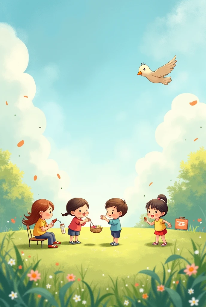 Create me an image with text "Civic Education 7" in Vietnamese. There are children playing on the grass., pastel colored study, chibi drawing. Human-like drawing, cloud field. Watercolor. Add a bird , clouds in the sky