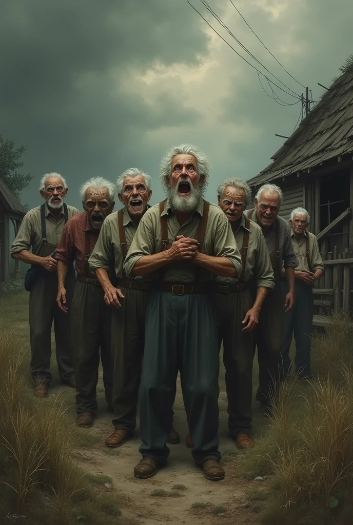 Create an image of old farmers looking scared and terrified in a farm setting.