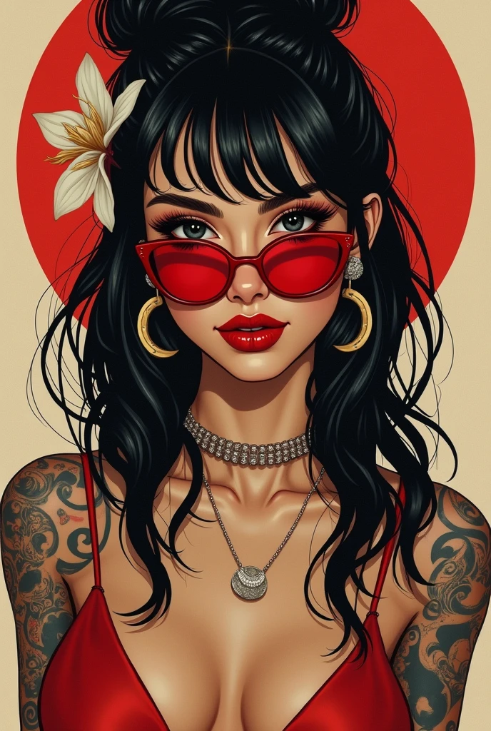 **Prompt:**

Create a high-resolution, award-winning self-portrait of McCall, capturing her striking appearance with a seductive, closed-mouth smile, looking directly at the viewer. Her long black-brown hair is styled in a half-updo with a flower, with some strands tucked behind her ear. She has strikingly high, pronounced cheekbones, a chiseled jawline, and a large chin. Her deep, penetrating brown eyes are framed by long eyelashes, and she wears large, red, retro frame glasses, with a boho punk vibe to her style, and red lipstick. There are various tattoos on her arms, back, chest, and shoulders that add an intriguing layer of detail. The composition is inspired by American propaganda posters, utilizing a modern minimalist illustration style with an icon-like quality. The portrait features a bold border and uses negative space effectively. Cinematic lighting, ray tracing, and god rays create a dramatic and timeless atmosphere. The overall aesthetic is a masterpiece of minimalism, blending artistic elegance with modern design elements. Closed Mouth, Smile, Looking at viewer, Long Hair, High Resolution, Hair Flower, Masterpiece, Best Quality, American Propaganda Poster, Minimalism, Black-Brown Hair, Award Winning, Half Updo, Hair Behind Ear, Crescent Earrings, Seductive Smile, Naughty, Long Eyelashes, Border, Negative Space, Cinematic Lighting, Ray Tracing, God Rays, Minimalism, Illustration, Artistic, Icon Style, Modern Minimalist Illustration, Timeless Modern, 