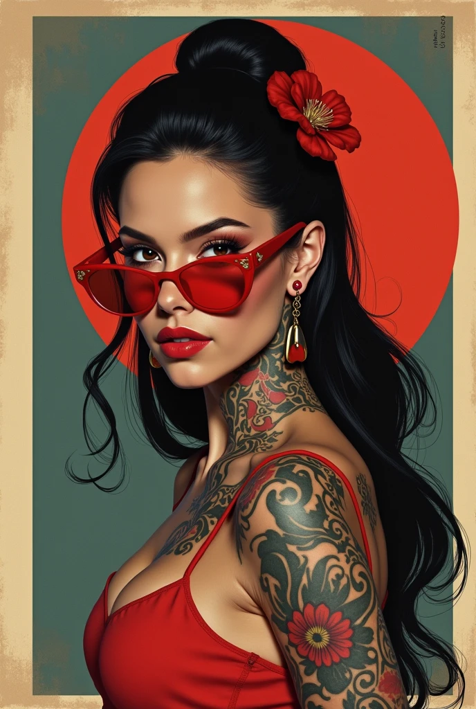 **Prompt:**
Create a high-resolution, award-winning self-portrait of McCall, capturing her striking appearance with a seductive, closed-mouth smile, looking directly at the viewer. Her long black-brown hair is styled in a half-updo with a flower, with some strands tucked behind her ear. She has strikingly high, pronounced cheekbones, a chiseled jawline, and a large chin. Her deep, penetrating brown eyes are framed by long eyelashes, and she wears large, red, retro frame glasses, with a boho punk vibe to her style, and red lipstick. There are various tattoos on her arms, back, chest, and shoulders that add an intriguing layer of detail. The composition is inspired by American propaganda posters, utilizing a modern minimalist illustration style with an icon-like quality. The portrait features a bold border and uses negative space effectively. Cinematic lighting, ray tracing, and god rays create a dramatic and timeless atmosphere. The overall aesthetic is a masterpiece of minimalism, blending artistic elegance with modern design elements. Closed Mouth, Smile, Looking at viewer, Long Hair, High Resolution, Hair Flower, Masterpiece, Best Quality, American Propaganda Poster, Minimalism, Black-Brown Hair, Award Winning, Half Updo, Hair Behind Ear, Crescent Earrings, Seductive Smile, Naughty, Long Eyelashes, Border, Negative Space, Cinematic Lighting, Ray Tracing, God Rays, Minimalism, Illustration, Artistic, Icon Style, Modern Minimalist Illustration, Timeless Modern,