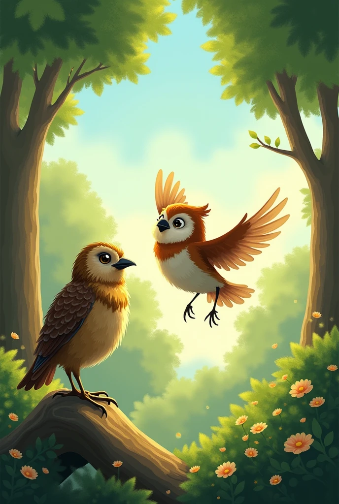 **The Little Bird Who Didn't Believe**

In a lush, green forest filled with the sweet songs of birds, there lived a small, brown sparrow named Pip. Pip was a curious bird, always asking questions and exploring new places. But there was one thing Pip didn’t believe in—his own ability to fly.

"You’re just a little bird," Pip would say to himself. "Flying is for big birds with strong wings."

Every morning, Pip would watch the other birds take off into the sky, soaring effortlessly and chirping happily as they disappeared into the clouds. Pip would watch from the ground, dreaming of what it would be like to fly but never trying it himself.

One sunny day, while Pip was pecking at some seeds, he heard a loud commotion. He looked up to see a young robin named Rosie flapping her wings frantically while perched on a low branch.

"Help! I can't get off this branch!" Rosie cried.

Pip rushed over and looked up at her. "Don’t worry, Rosie. I’m sure you’ll figure it out."

Rosie shook her feathers and looked embarrassed. "I’m trying, but I’m too small to fly properly."

Pip felt a pang of sympathy and remembered his own fears. "I know how you feel. I’m too small to fly, too."

Just then, Wise Old Owl, who had been watching from a high branch, spoke up. "Pip, Rosie, you both have wings. It's not about size; it’s about believing in yourself."

Pip and Rosie exchanged puzzled glances. "But how can we believe in ourselves if we’re afraid?" Rosie asked.

The wise owl hooted softly. "Sometimes, we have to take a leap of faith, even if we’re scared. Pip, you’ve been watching others fly for so long. Maybe it’s time to try yourself."

Pip thought about this. He had always been afraid to even attempt flying, convinced it wasn’t something he could do. But seeing Rosie’s struggle and hearing Wise Old Owl’s words gave him a new sense of courage.

"I’ll give it a try," Pip decided.

He hopped to the edge of a small hill, flapped his wings a few times, and took a deep breath. Pip looked up 