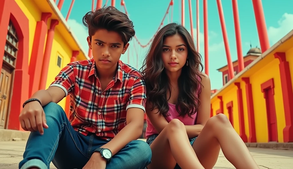 Make an image for me in which there is a boy and a girl both of them are sitting with attitude and in the text next to them "Aayi Nahi Song " is written, the text of the boy should be red and yellow and the size of the thumbnail should be 16:9