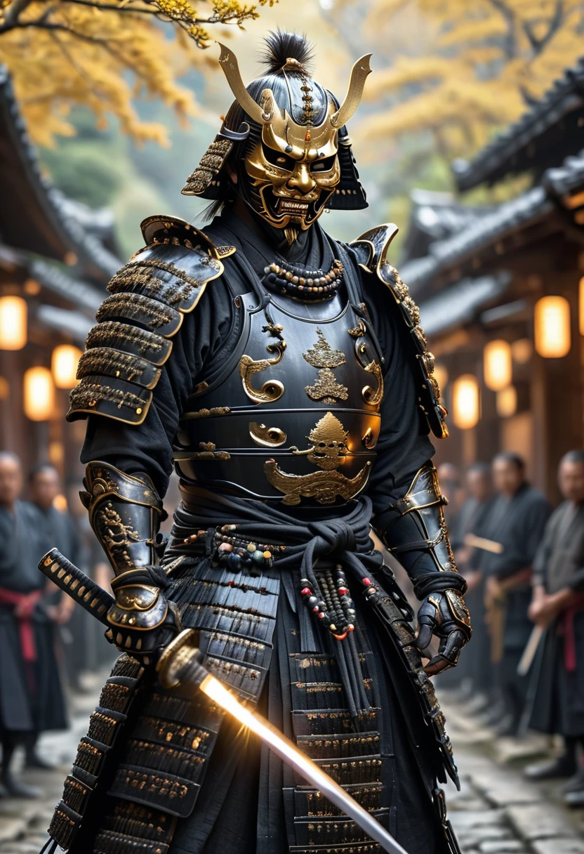 An image of action, a realistic digital image, A samurai in iron armor personified with rage unsheathing a magical katana shining with a multitude of swords, black with black wooden armor, samurai beads, golden demon samurai mask, standing in an ancient Japanese village, ultra HD, 8k, incredibily detailed.