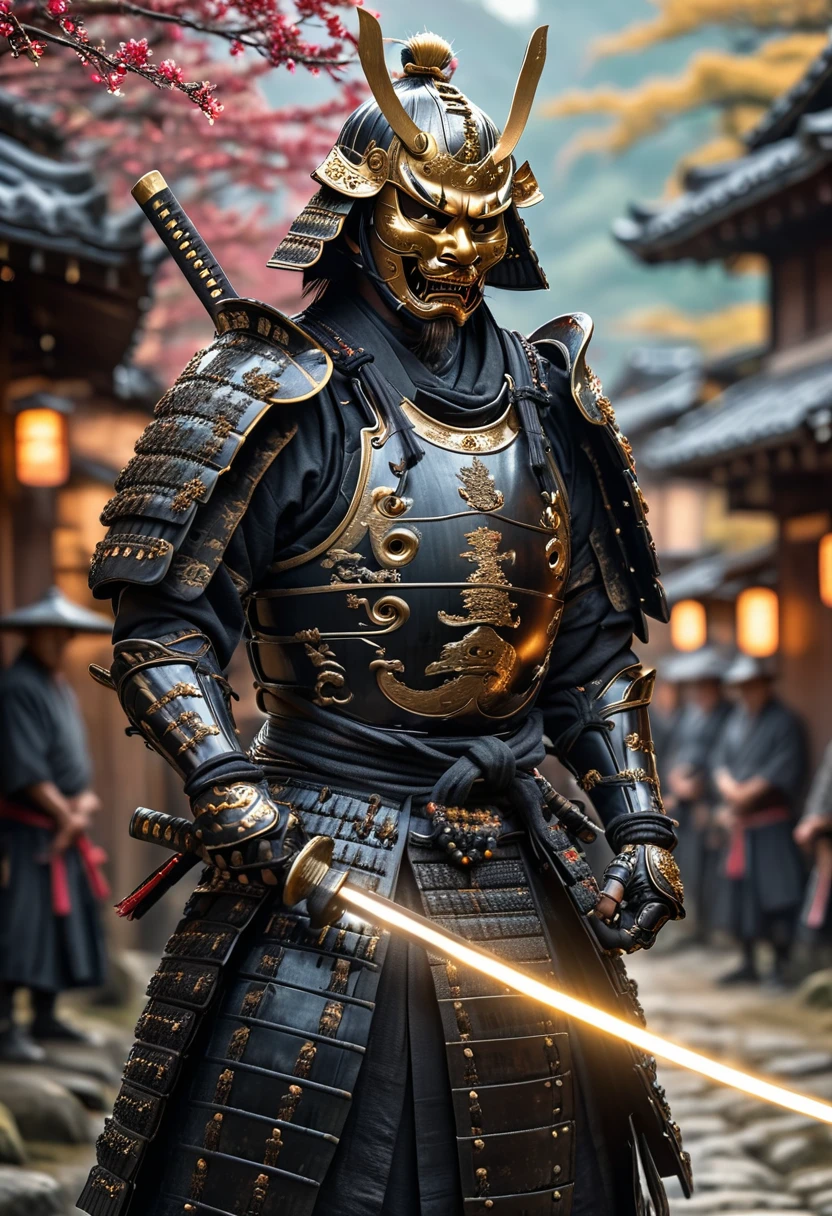 An image of action, a realistic digital image, A samurai in iron armor personified with rage unsheathing a magical katana shining with a multitude of swords, black with black wooden armor, samurai beads, golden demon samurai mask, standing in an ancient Japanese village, ultra HD, 8k, incredibily detailed.