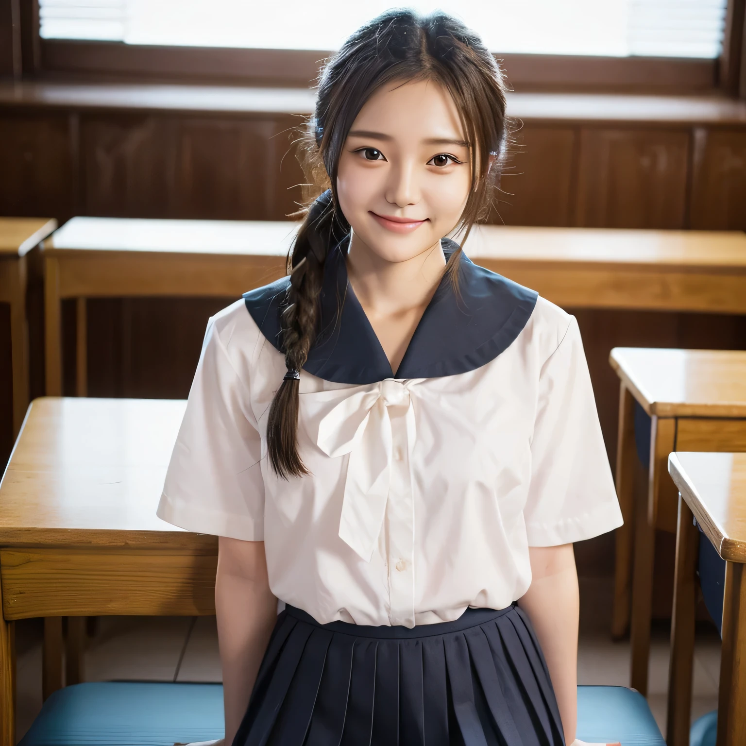 A Japanese girl standing alone in a classroom、Create realistic portraits in ultra-high resolution。Focus on her face、Use soft lighting to highlight the sparkle in the eyes and capture every detail.。She has a beautiful face、Realistic human skin texture in RAW photo style。She is wearing a traditional Japanese high school uniform, including a sailor blouse and pleated skirt.。Skirt is knee length。The hair is tied in a ponytail、Smiling kindly。The image shows the whole body.、Picture her standing upright.。The overall atmosphere is natural and realistic.、Facial details and skin texture、And highlight the exact design of the uniform.。