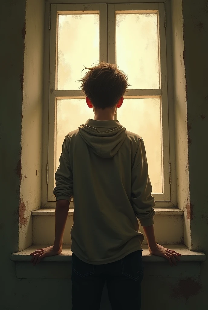 Sad teenage boy for money window with sunlight