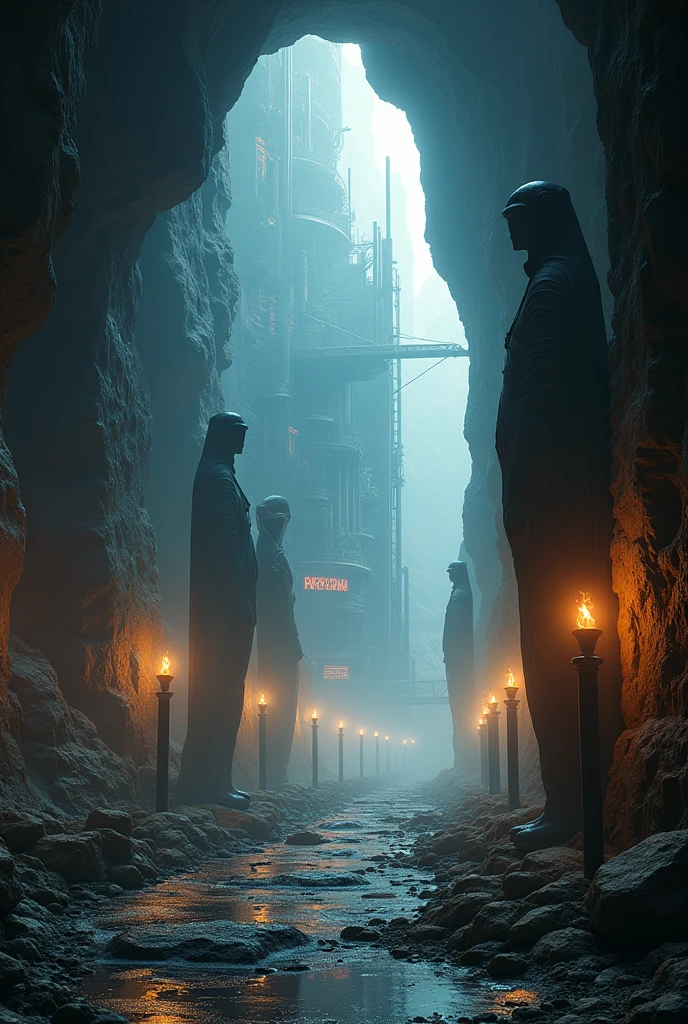 A cinematic shot frames the ancient underground cave, dimly lit by flickering torches that cast long shadows across the rough stone walls. In the center, a futuristic metropolis sprawls, its steel and glass structures glinting in the eerie light. Statues of mysterious figures line the main avenue, their faces obscured by darkness. The air is heavy with an otherworldly silence, punctuated by the soft glow of luminescent orbs and subtle reflections off polished surfaces, as if the cave itself were alive.