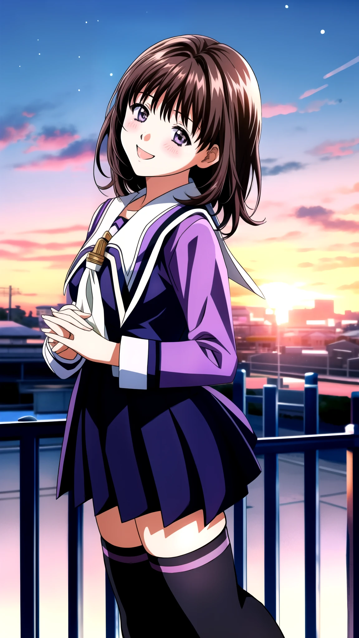 Anime illustration Yoshizuki_Iori, 1 person, School_uniform_purple_shirt_green_skirt_white_neckerchief_black_Knee socks, blush, Cute Smile Open your mouth, Are standing, 首にスカーフを巻いてフェンスの前にAre standing, (Winter Night、With the sunset and the fence behind、Schoolの屋上で告whiteを受ける。I got closest to that smile:1.1), (Place your hands on your chest:1.3), Two Arms