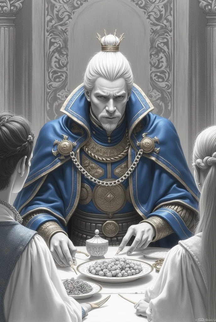 Create an illustration as if it were a pencil drawing of a royal banquet. Where the center is a white-haired man and his dark-haired brother. They are eating with a foreign king and his daughters.
The white-haired man is wearing a blue cloak with gold details.