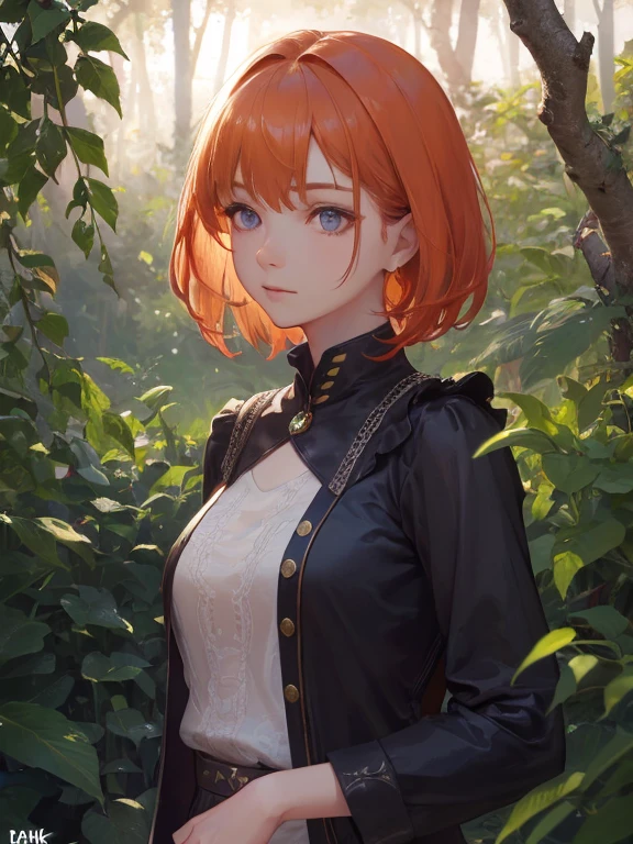 rl with short orange hair, detailed facial features, purple forest, clothing made of leaves, high quality, detailed body, detailed skin, detailed clothing, detailed environment, , vibrant colors, , photorealistic, (best quality,4k,8k), realistic light