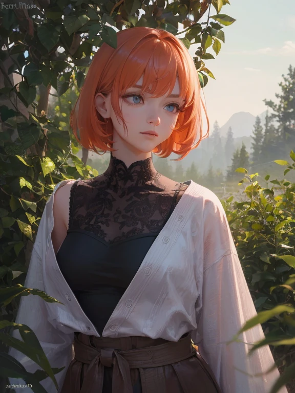 rl with short orange hair, detailed facial features, purple forest, clothing made of leaves, high quality, detailed body, detailed skin, detailed clothing, detailed environment, , vibrant colors, , photorealistic, (best quality,4k,8k), realistic light