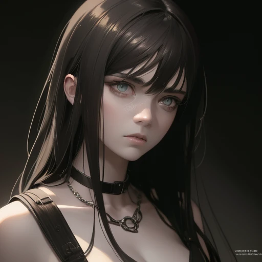 a beautiful enslaved girl, detailed face, piercing eyes, delicate features, long hair, pale skin, chained wrists, metal collar, ragged clothing, vulnerable expression, hopeless gaze, dramatic lighting, cinematic composition, muted colors, somber mood, (best quality,4k,8k,highres,masterpiece:1.2),ultra-detailed,(realistic,photorealistic,photo-realistic:1.37),cinematic,dramatic lighting,muted colors,somber mood, full body 