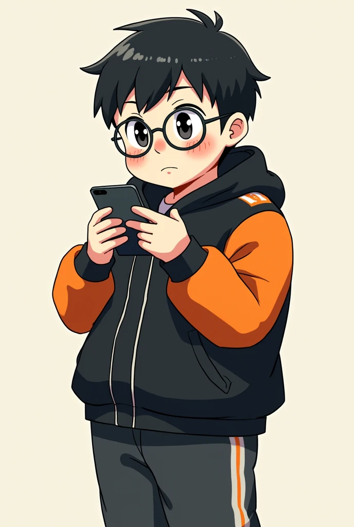 chubby boy, of 1.66 tall, Wearing glasses, with short, military-style hair and black color, black eyes, wearing a jacket that fits your body, Jacket color: black on the top half and orange on the bottom half, wearing gym pants and looking at his cell phone, white skin and a slightly round face. anime style.