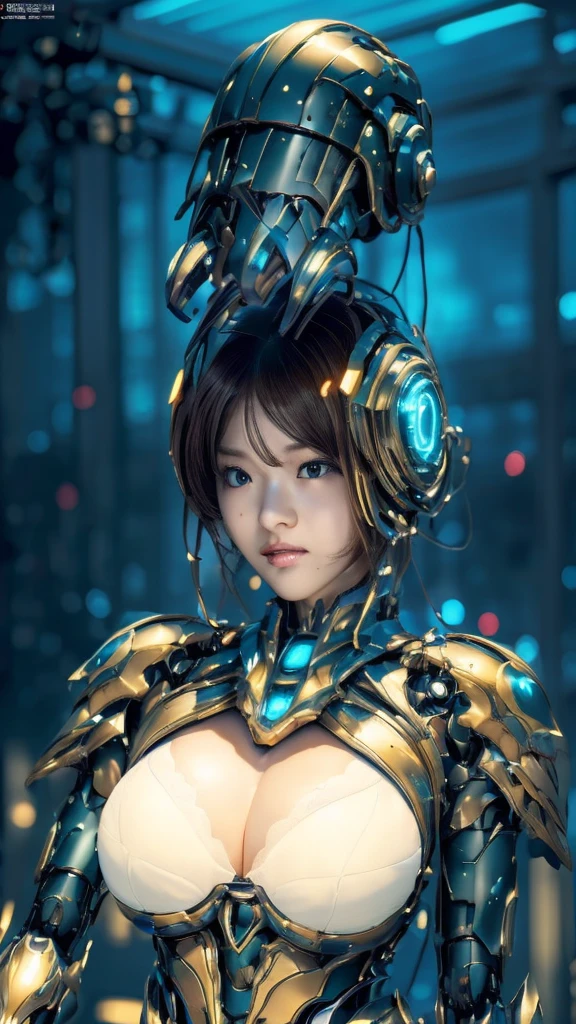 top-quality、masterpiece、超A high resolution、(Photorealsitic:1.4)、Raw photo、Black hair、glowy skin、1 Cyborg Girl、((super realistic details))、portlate、Global Illumination、Shadow、octan render、8K、ultrasharp、Colossal tits、Raw skin is exposed in cleavage、Bionic Cyborg Girl、Black fiberglass body、Details of intricate ornaments of golden color、Insect specifics、Biological curve form、Golden hydraulic cylinder、highly intricate detail、Realistic light、CGSoation Trends、a purple eye、radiant eyes、Facing the camera、neon details、blood vessels connected to tubes、Mechanical vertebrae attached to the back、mechanical cervical attaching to neck、sitting on、Wires and cables connecting to the head、Gorgeous headset、Glowing LED lamp、The background is a steampunk room、