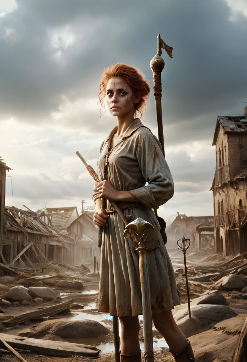 (Realistic:1.2), (whimsical:1.2), ultra detailed, modern analog style, photorealistic cute woman, chestnut hair, tattered outwear, post-apocalyptic, detailed face, beautiful eyes, (shy smile:0.7), (freckles:0.5), holding a big staff, exhausted after another battle, dramatic, faded colours, soft focus, soft naturally lighting, looking directly to the camera, centered image, elegant, approaching perfection, hyper realystic, bokeh, kodak 400 porta film, blured post-apocalyptic background of ruin city includes metal and stone construction  elements 