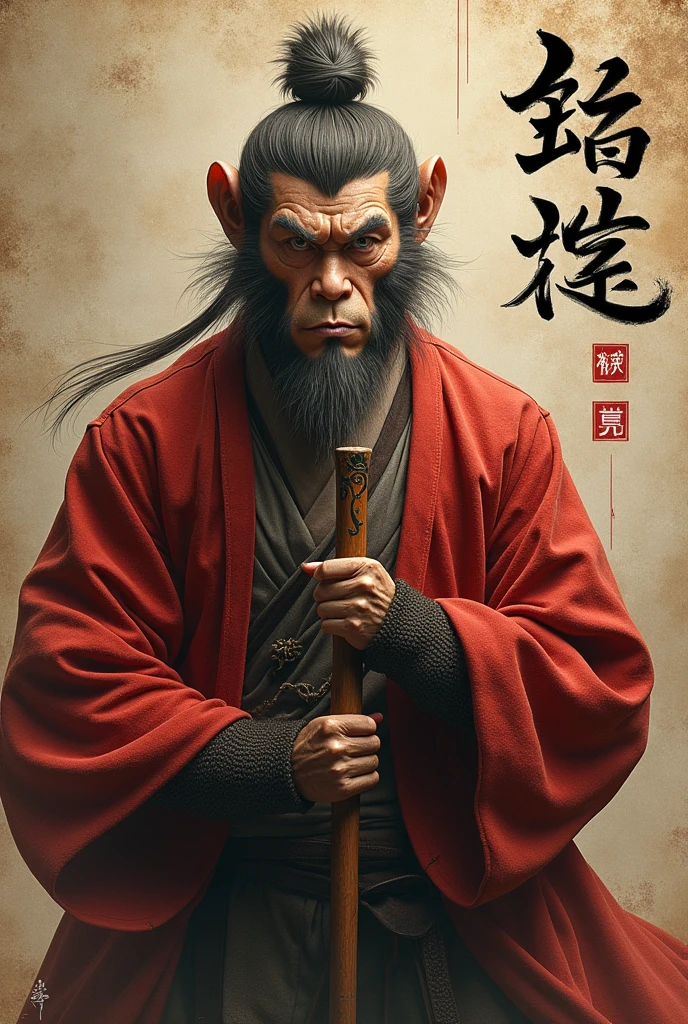 "A cinematic hyperrealistic posterized version of sun wukong, the Monkey King from Chinese culture, in the style of a Midjourney XXXXXX. The image shows a half-body portrait from belly up to above the head, with a front-facing 180-degree angle. sun wukong is depicted holding his iconic stick weapon, rendered with intricate detail. The image is characterized by XXXX texture and a subtle XXXX, with complex shading, color tones, and subtle lighting. The anatomy and figurative details are highly realistic, following a professional-grade digital art style. 'Sun Wukong' (sun wukong) is creatively designed as a headline in Chinese characters, enhancing the poster's cultural and cinematic authenticity."