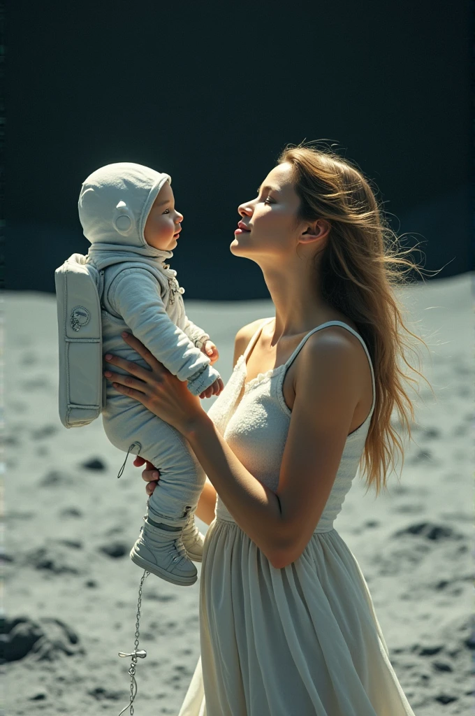 Mother gave birth to a child and they are still connected to eachother but the child is on moon wearing space suit