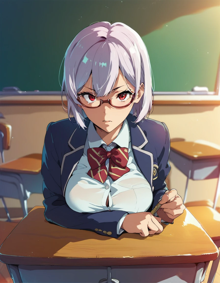 masterpiece,sincos,(,partially colored),flat color,
(mature female,curvy,white hair,short hair,adjusting eyewear,lovely,loose clothes,underboob, classroom),
