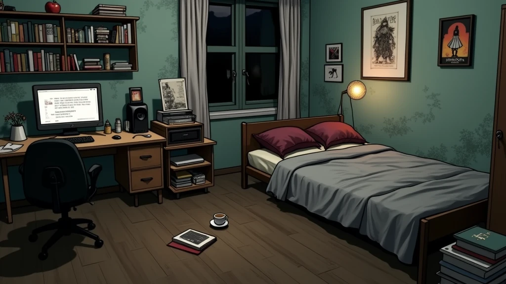 a bedroom of a nerdy anime girl, on the style of the "Deathnote" anime series, no character, anime style