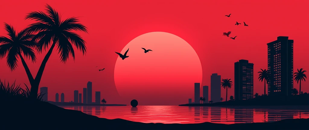 make a minimalist Miami landscape image, with palm trees, buildings and with a basketball etc., nas cores do Miami heat (red and black) not vaporwave style