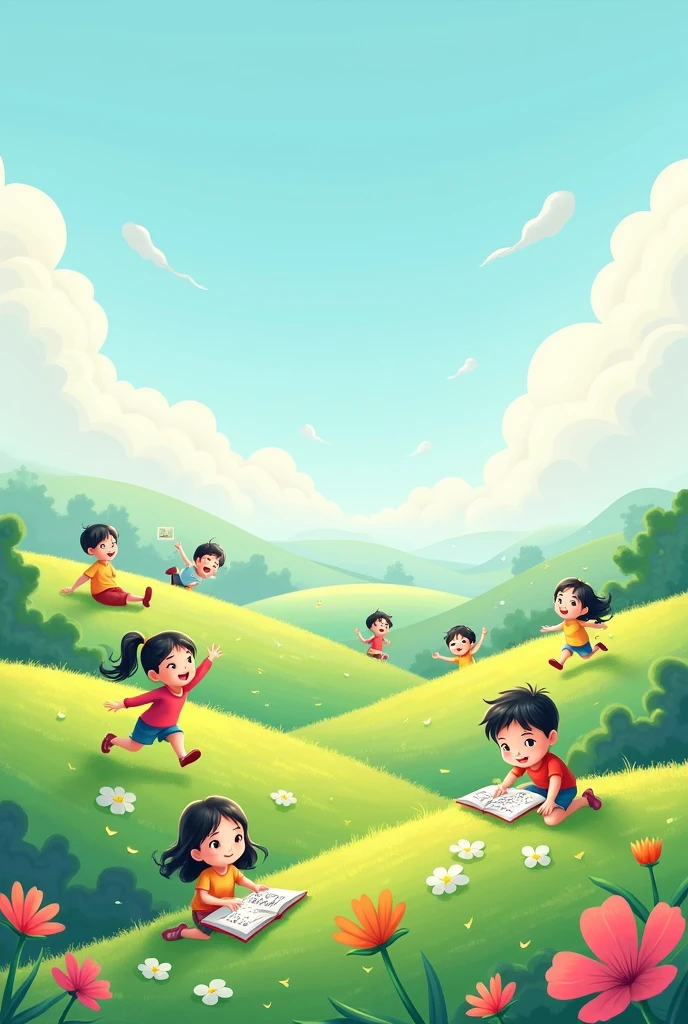 Create me an image with text "Civic Education 7" in Vietnamese. There are children playing on the grass., Studying on pastel colored hills, chibi drawing. Stockng con người vẽ, cloud field. Stock