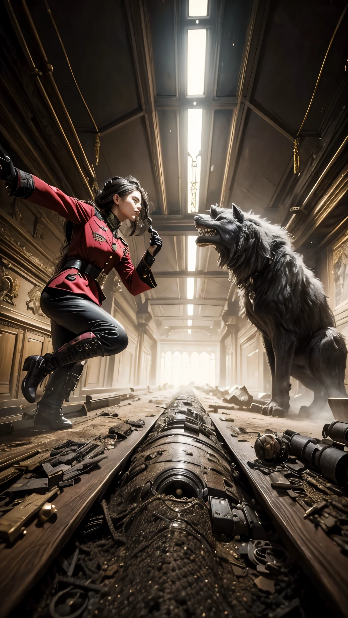 a woman in a dark imperial military uniform inspects the interior of a gothic house populated by grotesque and surreal figures hyper-realistic, cinematic, 4k, ultra-detailed, masterpiece, intricate-details, photo-realistic, perfect-details ,smiling