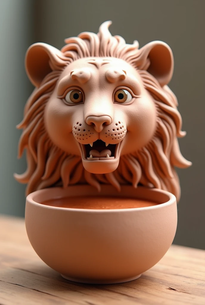 lion 3d clay rendering clay sculpture clay model 3d rendering style 3d art，Make a simulated gentle lion head soup cup，The whole thing must be a lion head shape