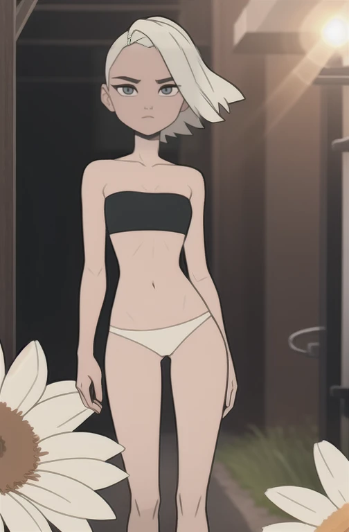 (Solar theme:0.6), Glucose, 1 girl, mature face, One, short hair, in a black strapless bra, in a black bikini, black color, bare legs close up, bare ass, cheekbones on the face, mature appearance, sexuality, Long legs, sexy legs, high growth, sunny day outside, street, summer day, Sun, sunset, stands in a clearing next to a tree, A meadow, wound,  1.2), White hair, pomade, decrease,  I look at the viewer, grey eyes, sharp image, Crop top, (HDR:1.22), Bright rainbow colors, flowers, Many colors, Bees на цветках, Bees, thickets, complex background, hyper-detailed, Art [[Jordan Grimmer], Stands far away, selfie