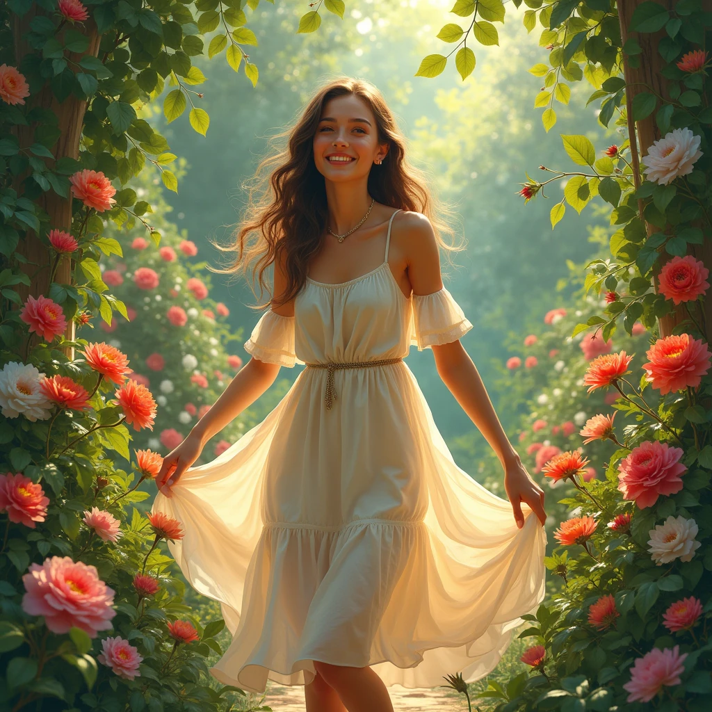 A cheerful, vibrant garden scene with a young woman in a flowing dress standing among colorful flowers, sunlight dappling her face, a blissful expression, detailed facial features, lush foliage in the background, (best quality,4k,8k,highres,masterpiece:1.2),ultra-detailed,(realistic,photorealistic,photo-realistic:1.37),cinematic lighting,vivid colors,warm color palette,magical realism,impressionist style