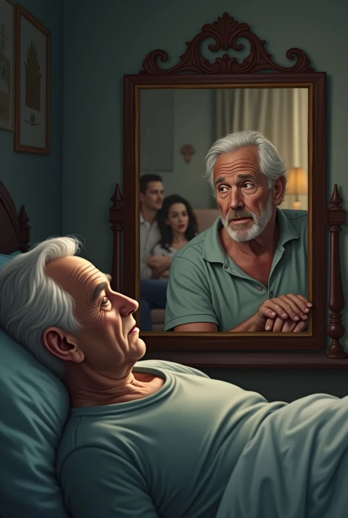 An image of an elderly man watching his daughter and son-in-law who are on the sofa,from the mirror, and the gentleman was lying in his bed